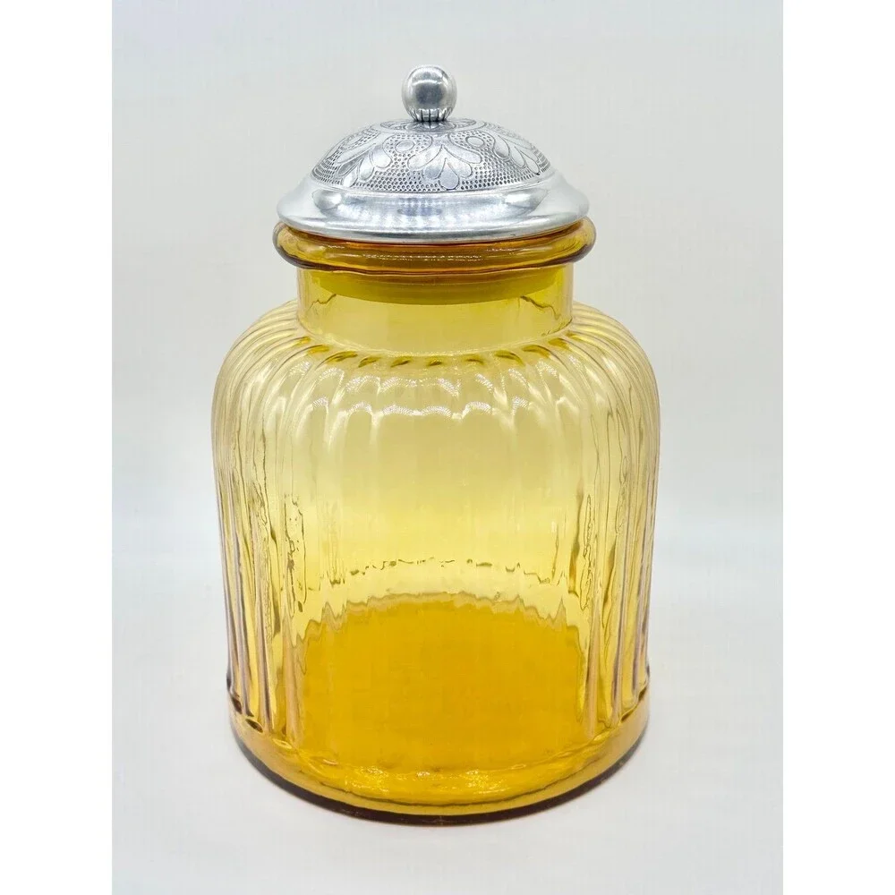 Vintage Amber Artland Apothecary ribbed glass Canister Jar Silver Lid